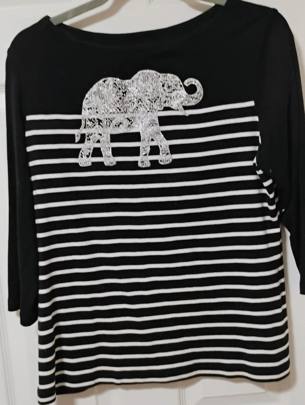 Karen Scott Black Light Weight Sweater with Silver Glitter Elephant Detail
